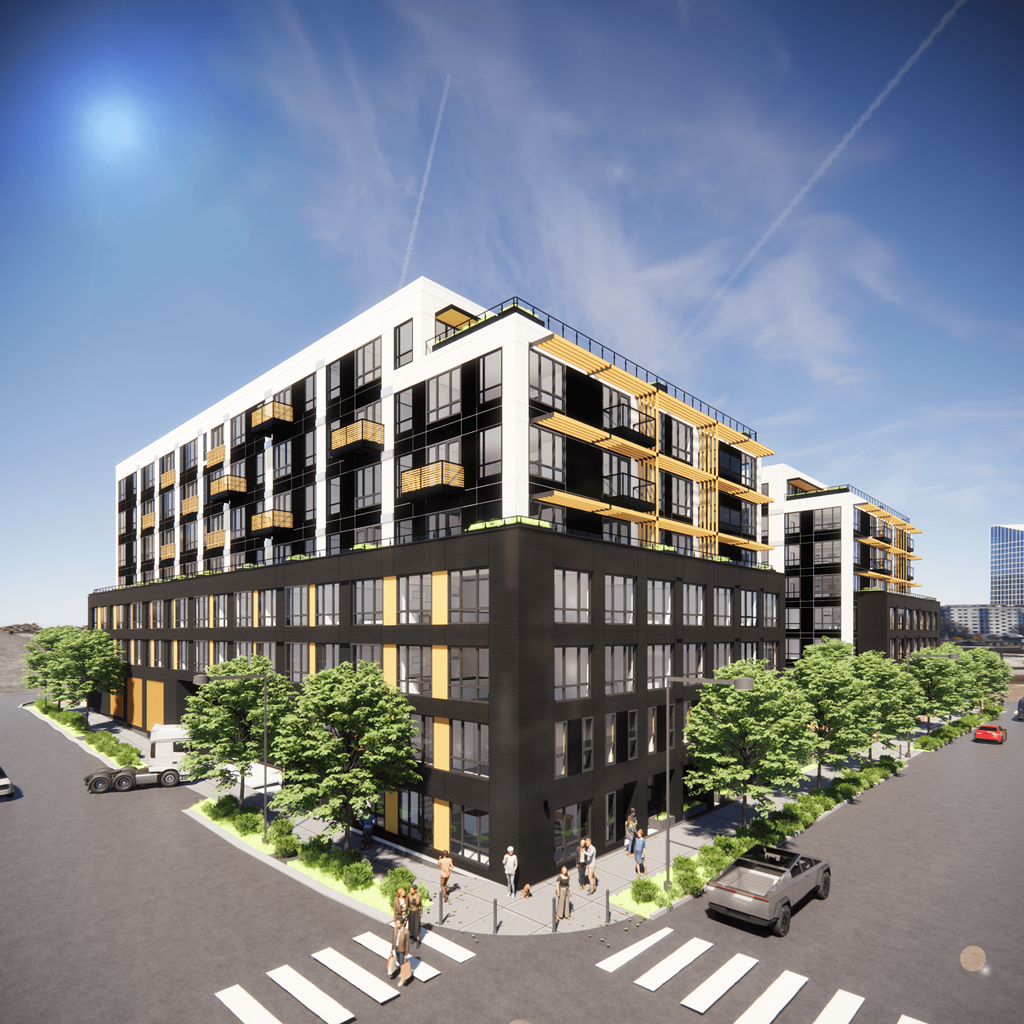 A modern multi-story building with balconies and a black and yellow exterior.